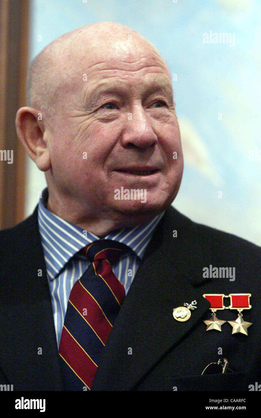 Russian cosmonaut Alexey Leonov at the exhibition ` Juri Gagarin - the person and a legend ` in Moscow Stock Photo